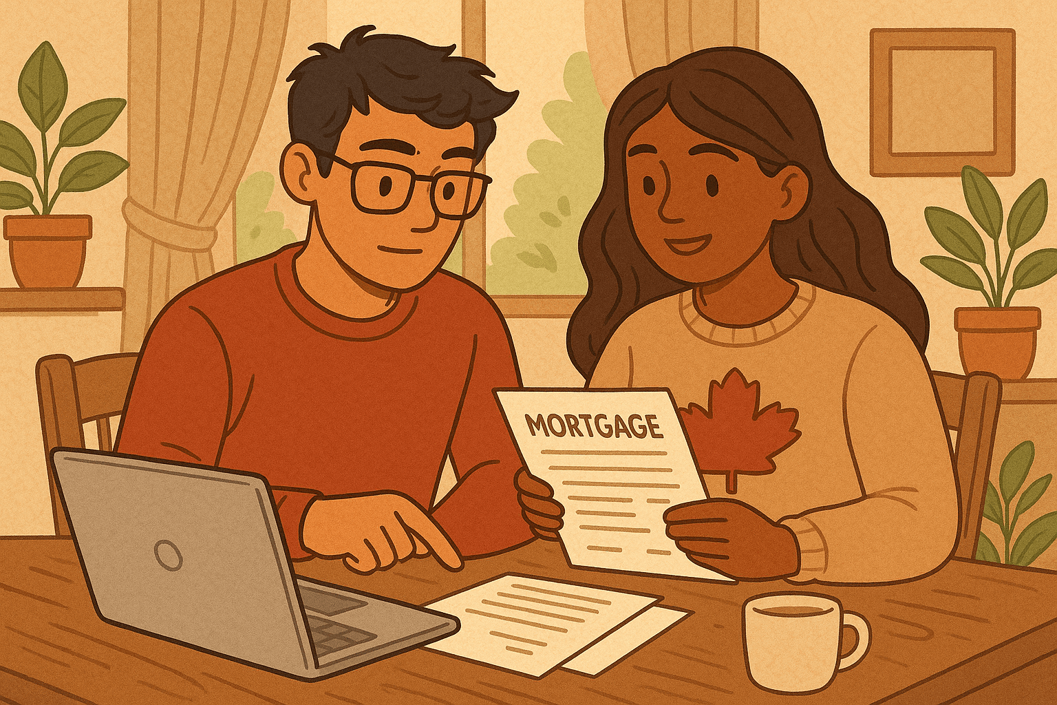 Couple reviewing mortgage documents and planning home purchase
